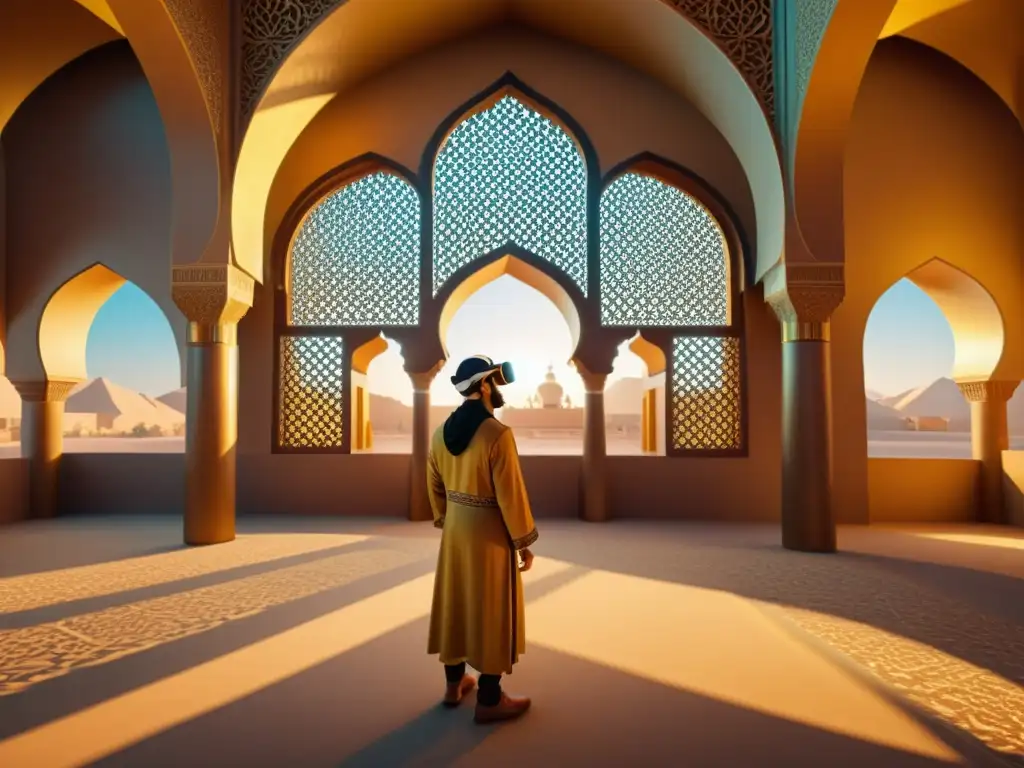 Exploración cultural en realidad virtual con patrones islámicos Exploración de patrones islámicos en realidad virtual con diversidad cultural y riqueza histórica