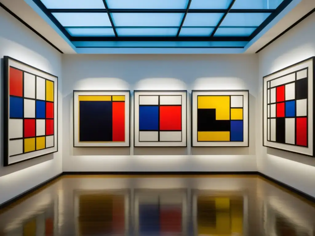 Una exposición de galería con la colección de patrones geométricos de Mondrian