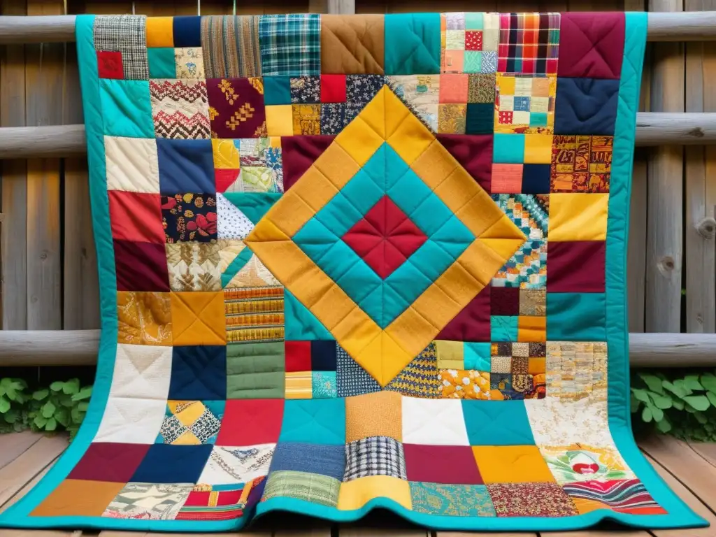 Expresión del patchwork en Latinoamérica: un colorido y vibrante quilt de retazos en patrones tradicionales, sobre fondo de madera envejecida