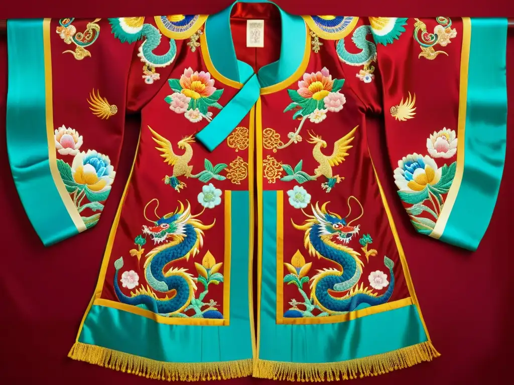 Una exquisita bata de seda china vintage con patrones chinos tradicionales en subastas, como dragones, fénix y peonías, en vibrantes colores
