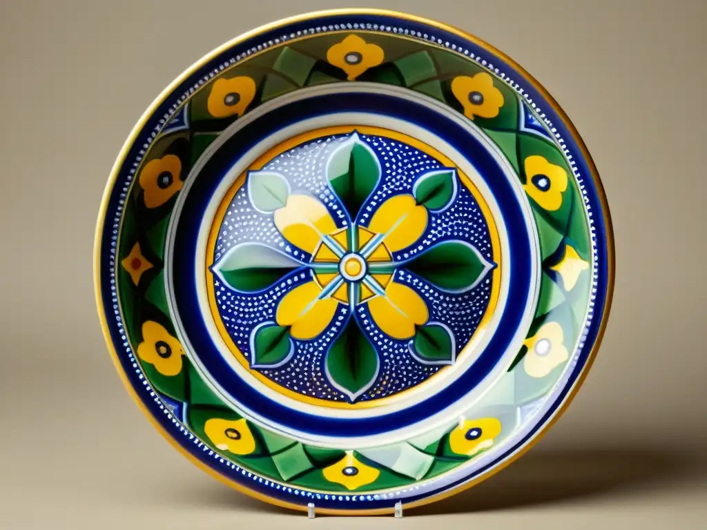 Una exquisita cerámica italiana de Faenza, con patrones pintados a mano en azul cobalto, verde esmeralda y amarillo dorado