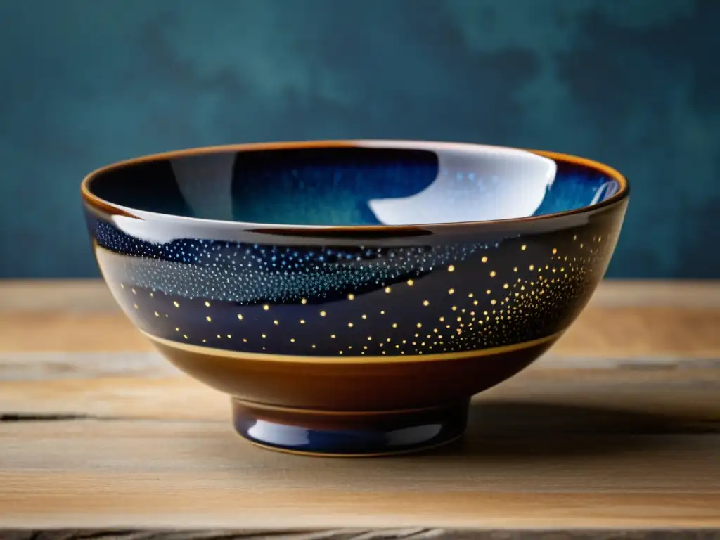 Una exquisita cerámica japonesa Tenmoku con patrones de estrellas, reflejando su belleza atemporal y artesanía precisa