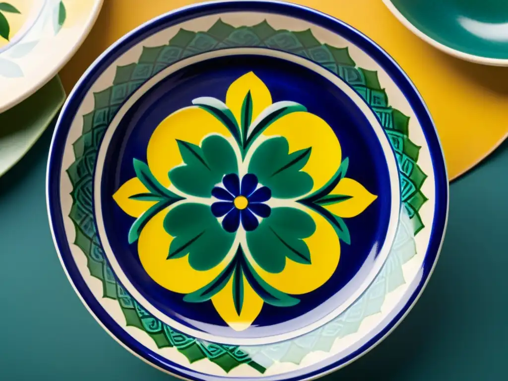Plato de Cerámica Talavera: Detalles Florales en Azul Cobalto Una exquisita cerámica de Talavera con patrones florales en azul cobalto, verde esmeralda y amarillo dorado
