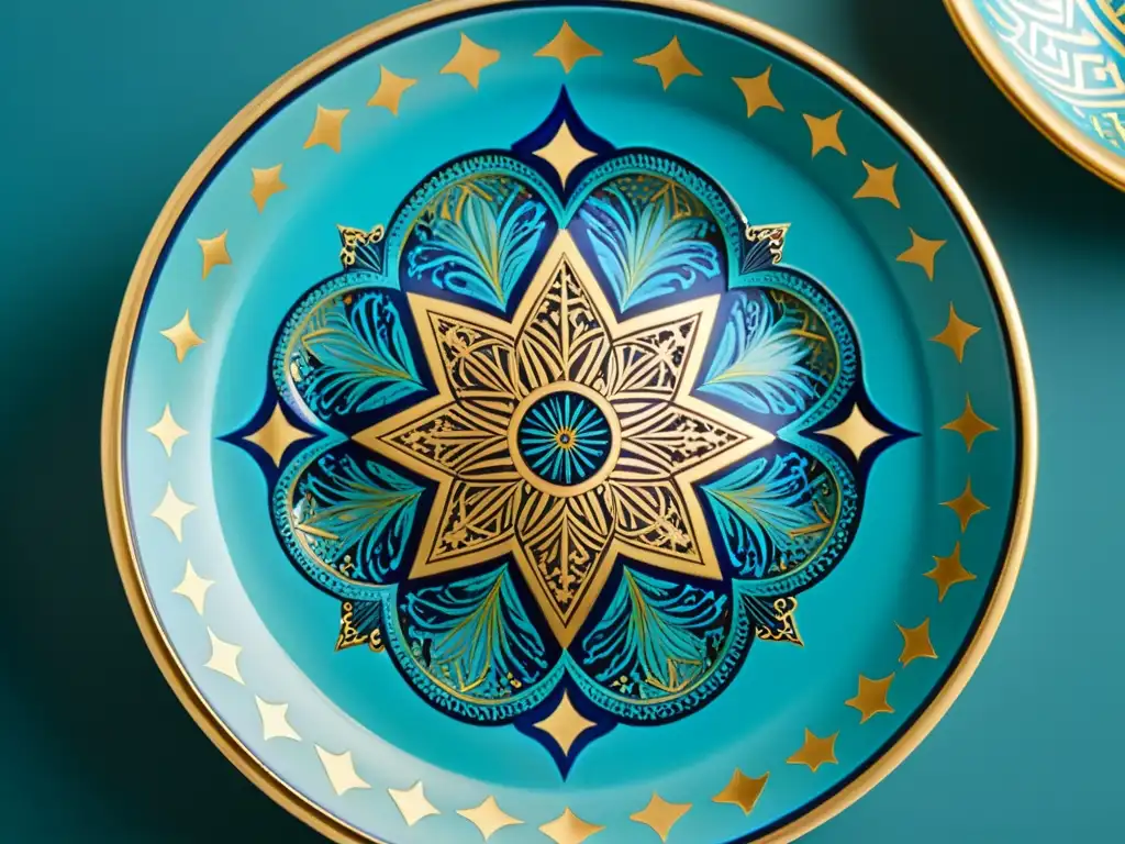 Una exquisita cerámica surasiática con patrones islámicos en vibrantes tonos de azul, turquesa y oro, evocando elegancia atemporal