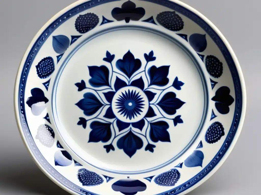 Una exquisita cerámica vintage con influencia asiática en cerámica europea, destacando delicados motivos florales en azul y blanco