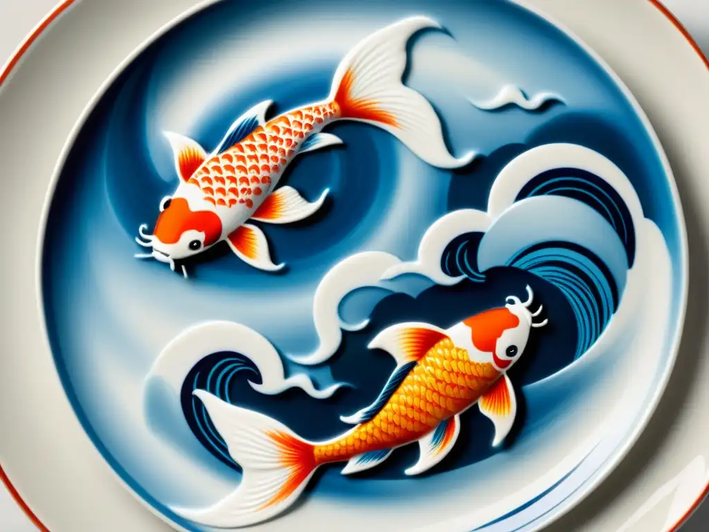 Una exquisita y delicada porcelana japonesa con un diseño pintado a mano de vibrantes peces koi nadando entre olas dinámicas