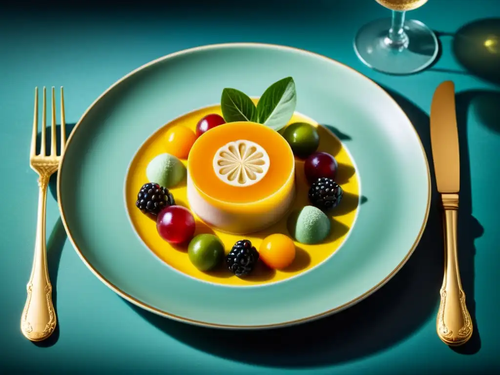 Una exquisita y elaborada creación de alta cocina francesa, con patrones visuales impresionantes en una presentación nostálgica y sofisticada