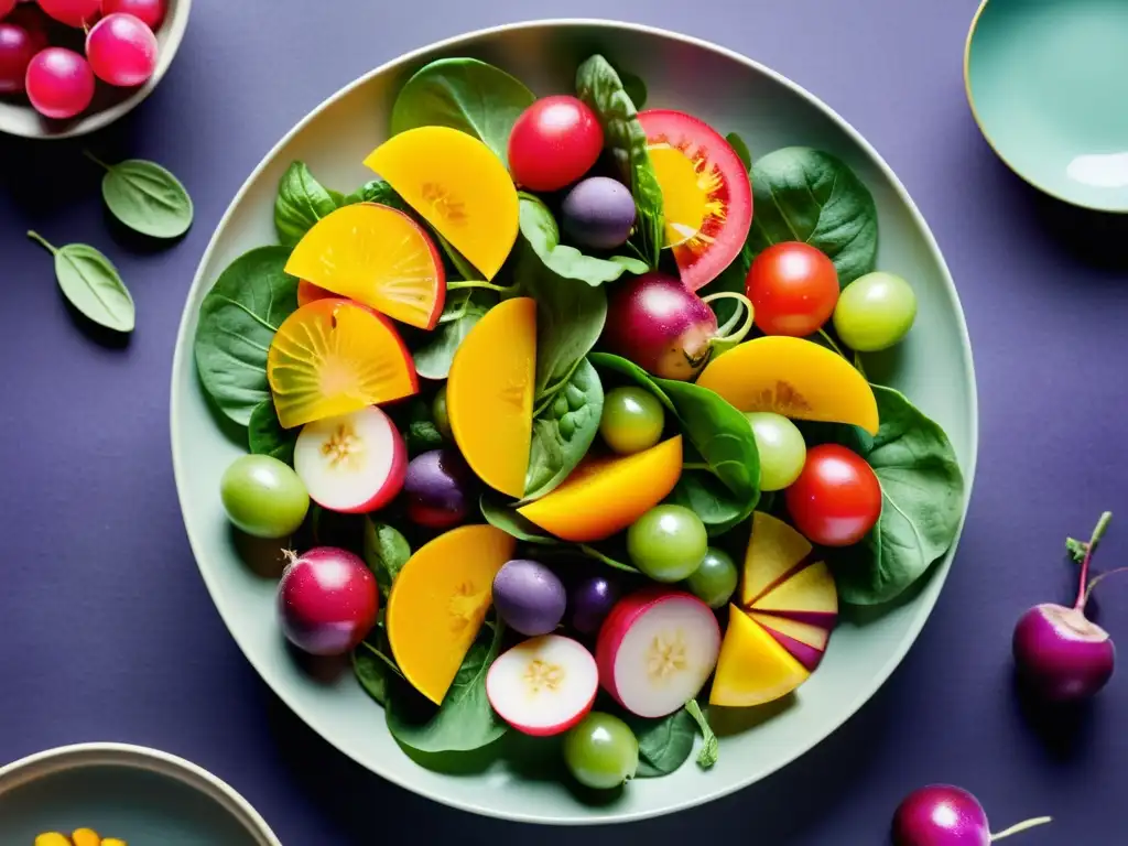 Una exquisita ensalada gourmet con patrones de color en ingredientes frescos como tomates, rábanos y remolachas