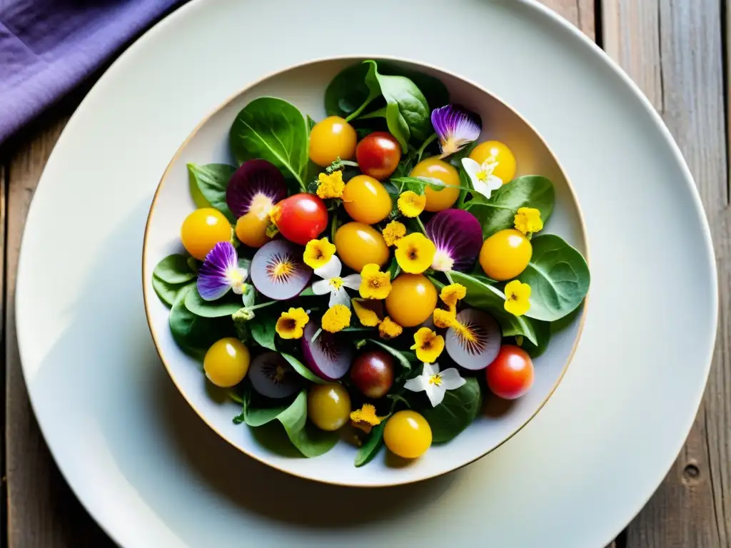 Una exquisita ensalada gourmet con patrones de color en una mesa rústica vintage