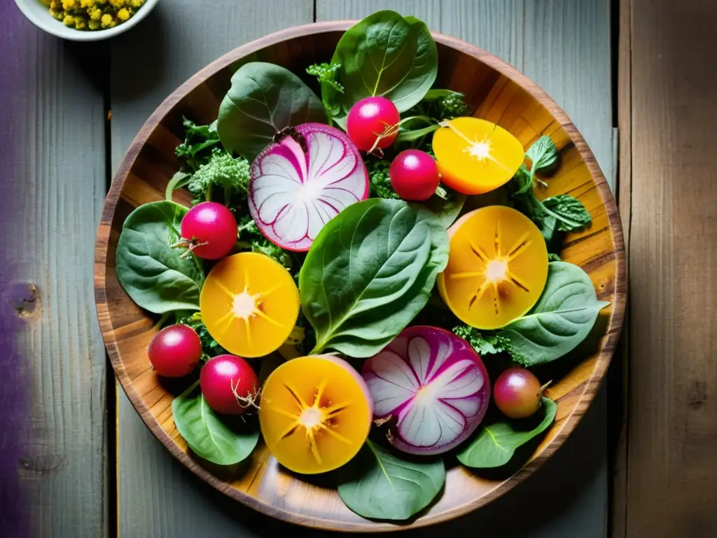 Una exquisita ensalada gourmet con patrones de color vibrantes, presentada con elegancia en una bandeja de madera rústica