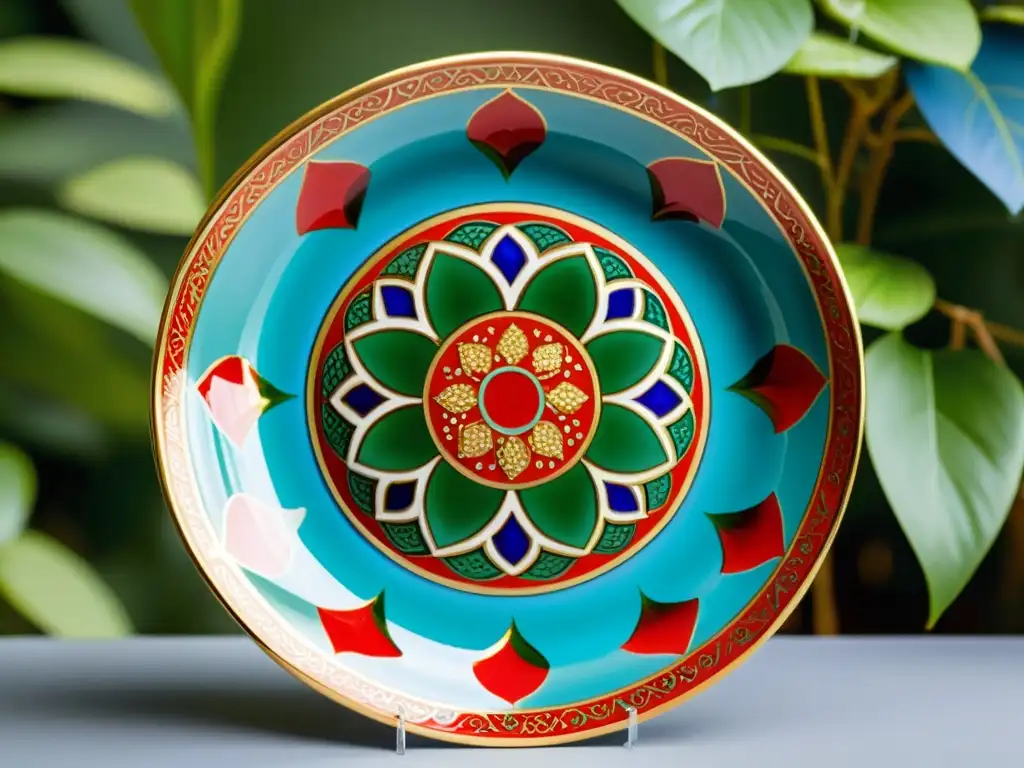 Una exquisita fuente de cerámica Benjarong tailandesa con vibrantes patrones florales y geométricos en tonos rojos, azules, verdes y dorados