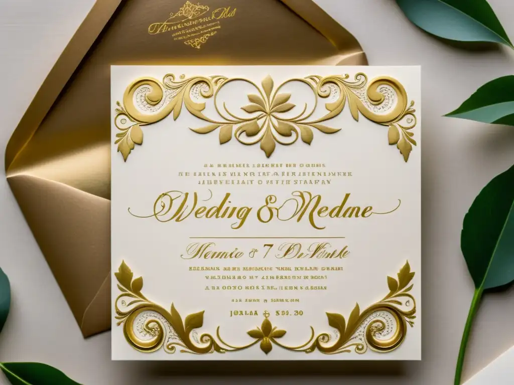 Una exquisita invitación de boda, con patrones caligráficos en papelería fina, detalles en oro y una estética opulenta y lujosa