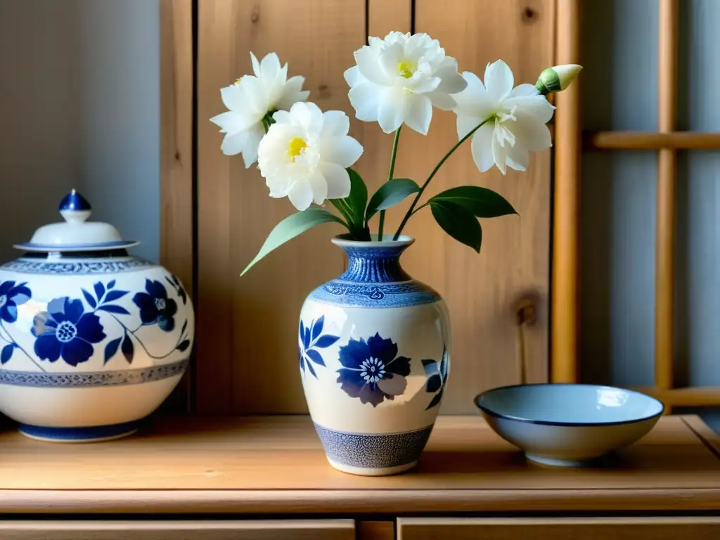 Una exquisita jarra de cerámica coreana, con patrones florales azules y blancos, en un ambiente nostálgico de tradición y modernidad cerámica coreana