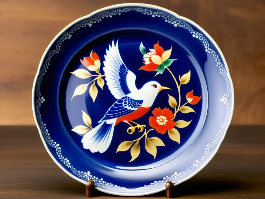 Una exquisita obra de porcelana Kakiemon, con detallados motivos florales y aviares pintados a mano en tonos vibrantes sobre un plato delicado