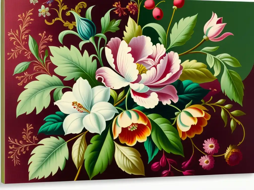 Una exquisita pintura de bodegón floral barroco con patrones florales en el arte, destacando colores ricos y detalles intrincados