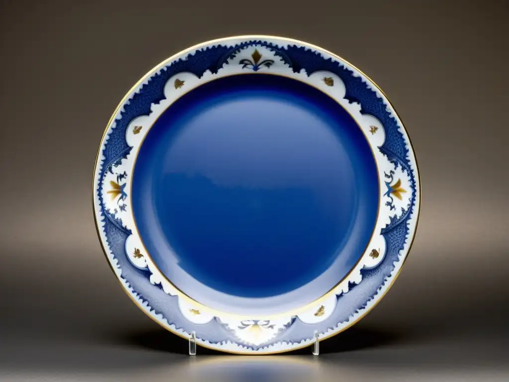 Una exquisita placa de porcelana Meissen Europa, con intrincados patrones azules y detalles en oro, sobre un fondo de terciopelo oscuro