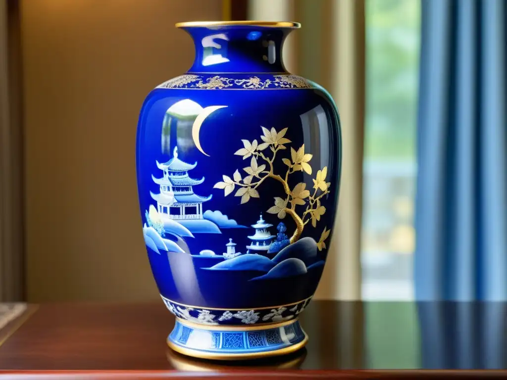 Una exquisita porcelana asiática azul cobalto, con motivos florales y paisajes pintados a mano, sobre un elegante telón de seda ornamentado