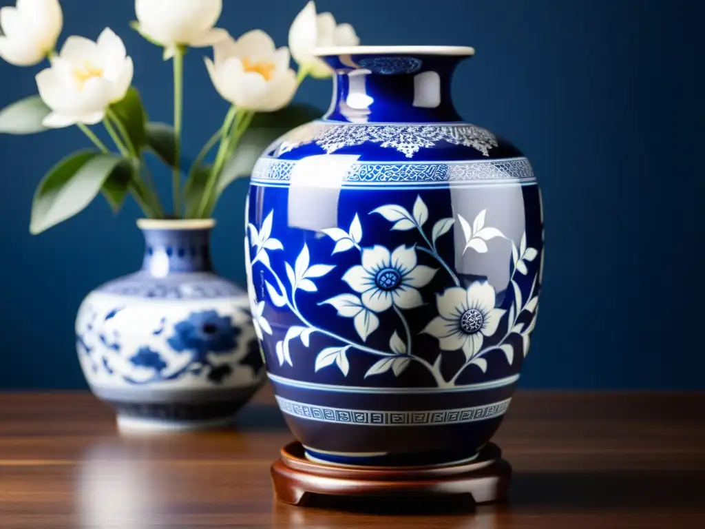 Una exquisita porcelana asiática azul cobalto, con intrincados diseños florales y motivos tradicionales, en un elegante soporte de madera oscura