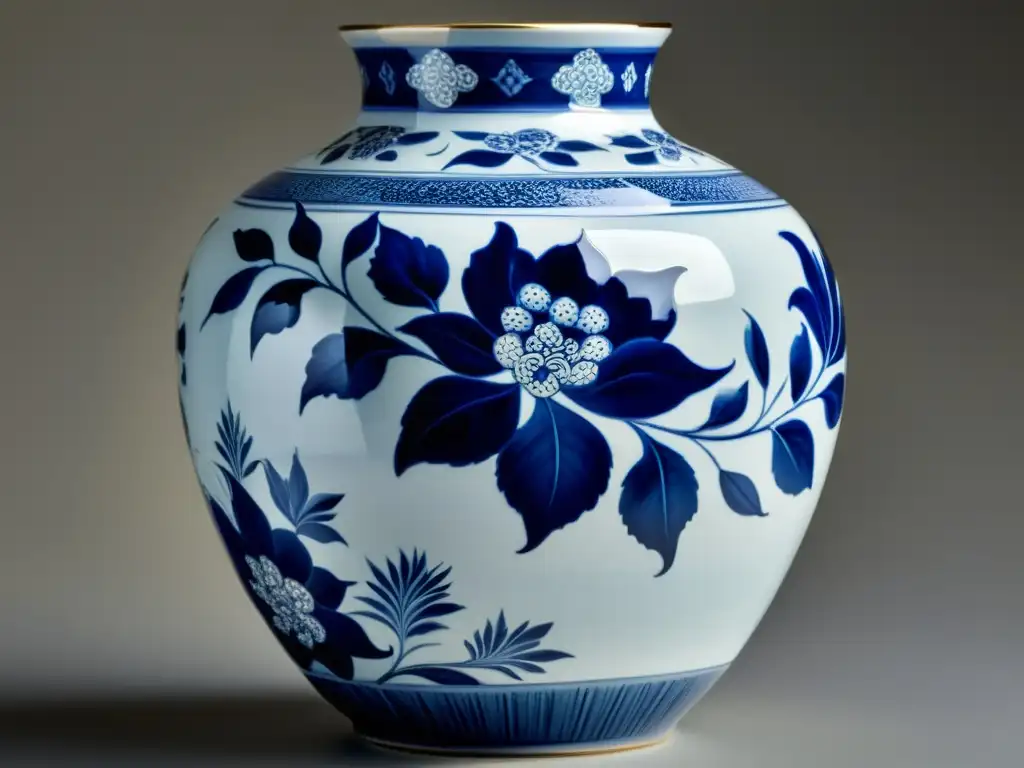 Exquisita porcelana azul y blanca con detalles florales y toques dorados, resalta su artesanía en el mercado del arte