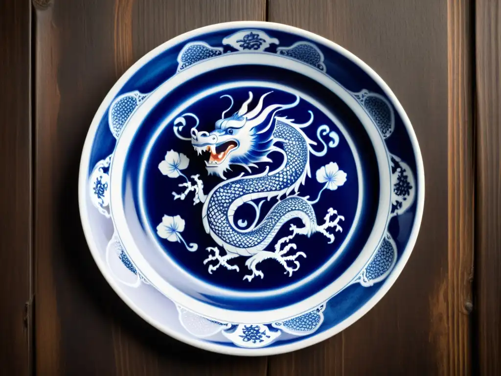 Una exquisita porcelana china antigua con motivos de dragones y patrones florales, simbolismo de patrones chinos en un fondo de madera envejecida