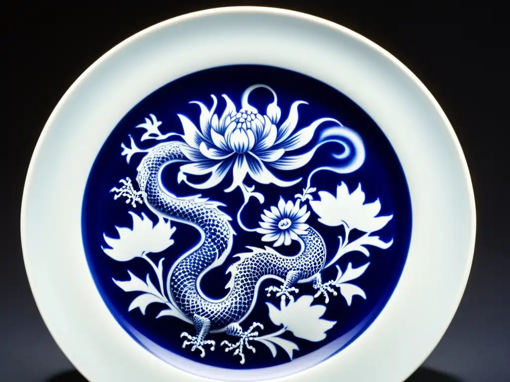 Una exquisita porcelana china con simbolismo imperial, decorada con crisantemos y dragones en azul y blanco