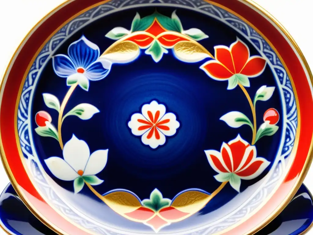 Una exquisita porcelana Imari de Japón, con detalles elaborados y colores vibrantes, evocando la fusión de estilos entre Europa y Japón