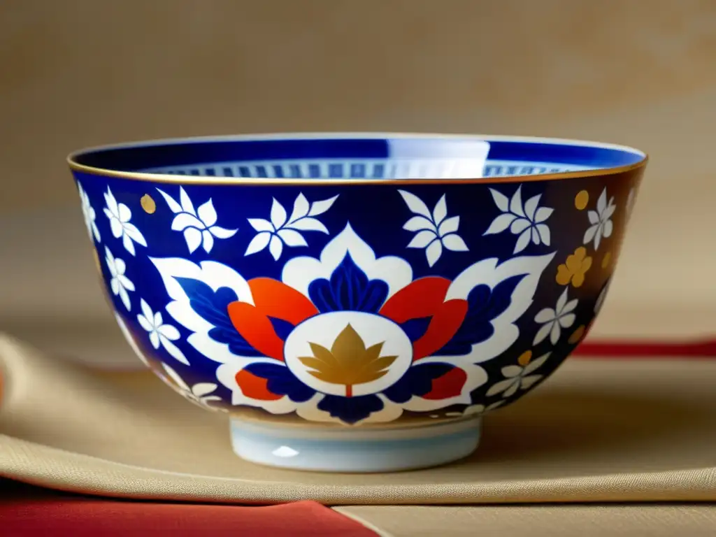 Una exquisita porcelana japonesa tradicional Imari Arita, con motivos florales en azul, rojo y dorado sobre seda japonesa antigua