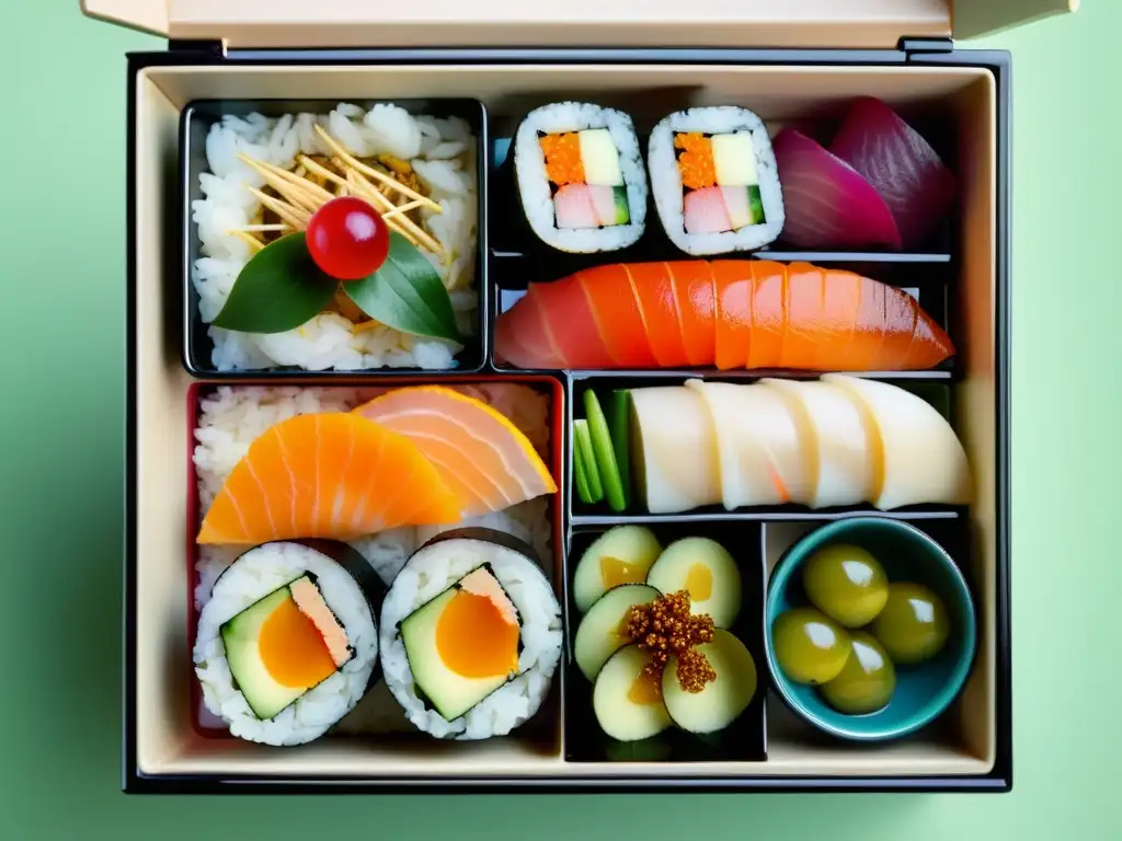 Una exquisita presentación de un bento japonés con patrones artísticos en gastronomía mundial