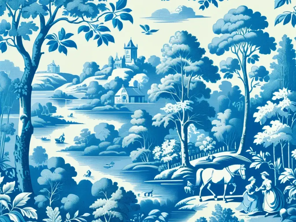 Una exquisita representación del estilo Toile de Jouy, con patrones artísticos detallados de paisajes rurales, figuras y flora en tonos suaves