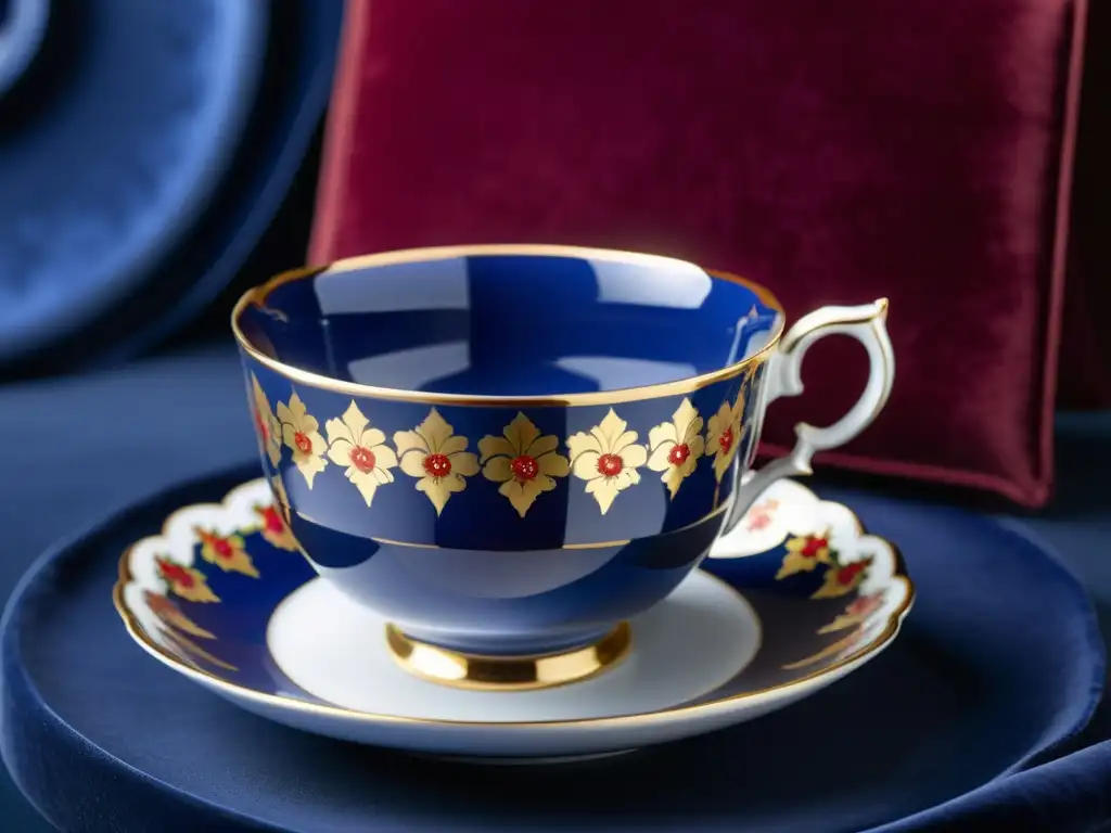 Una exquisita taza y platillo de porcelana Meissen Europa con patrones florales pintados a mano en tonos vibrantes de azul, rojo y oro, sobre un elegante fondo de terciopelo oscuro