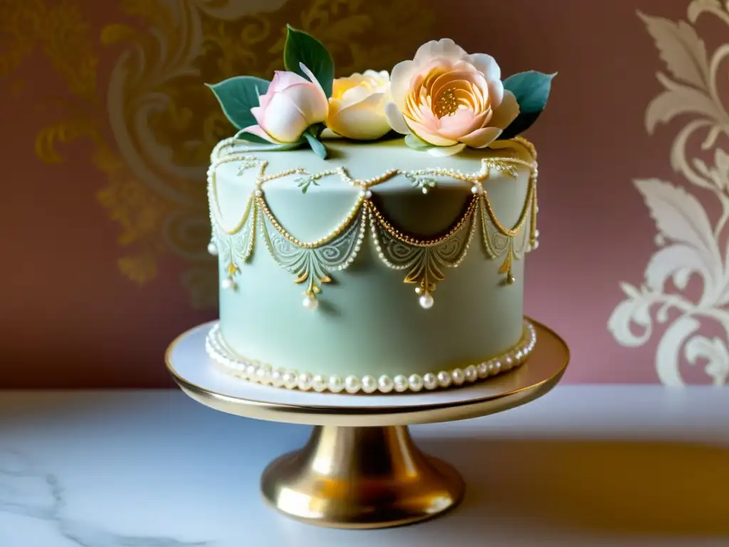 Una exquisita torta vintage decorada con intrincados patrones florales en tonos pasteles, detalles de perlas comestibles y hojas de oro