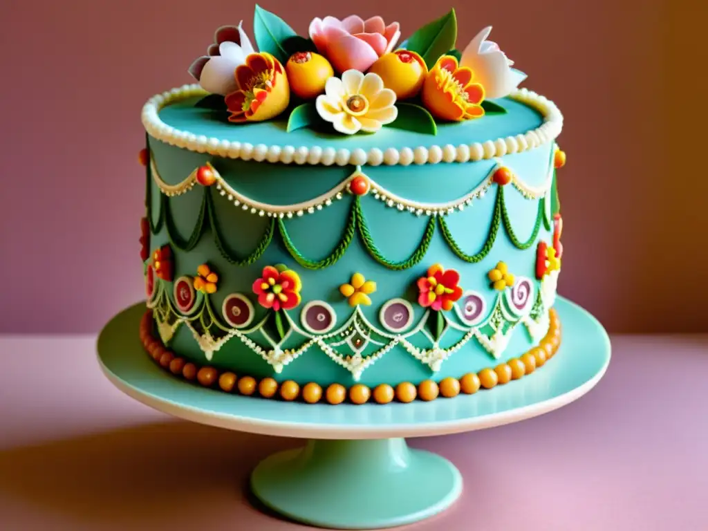 Una exquisita torta vintage con patrones decorativos en pasteles y delicados detalles ornamentales, adornada con flores vibrantes y diseños en encaje