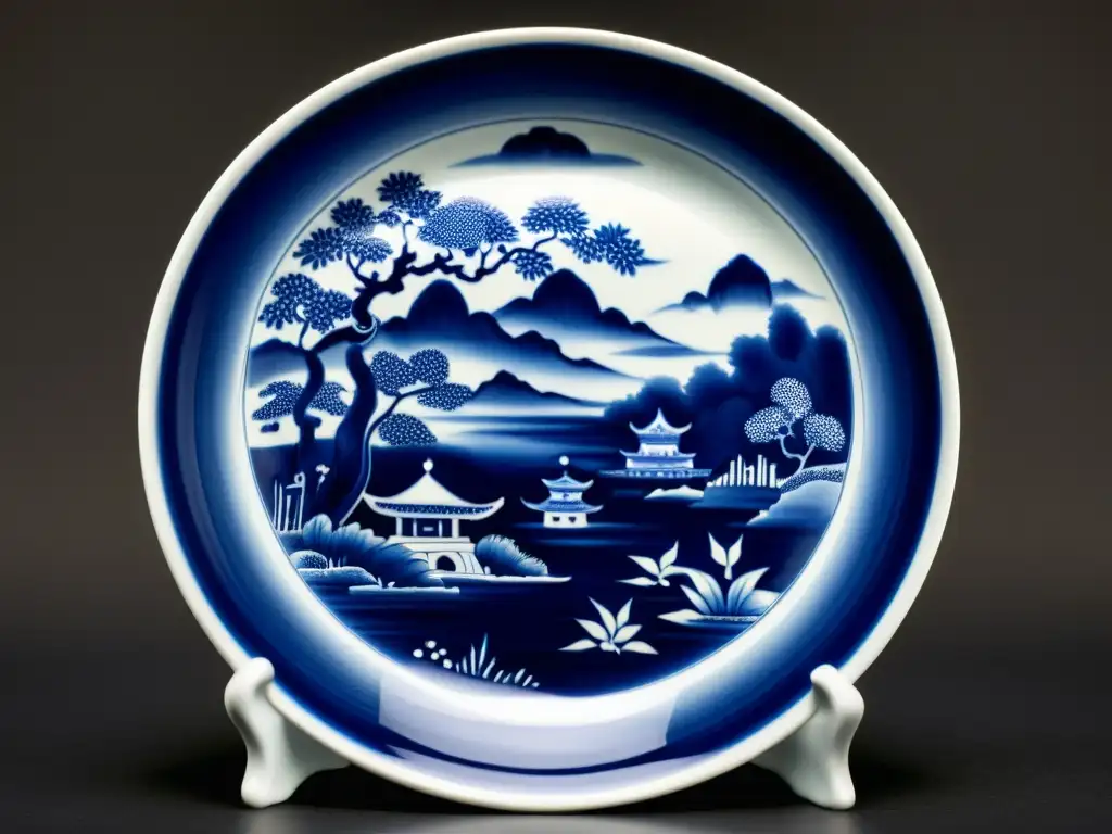 Una exquisita vajilla de porcelana Jingdezhen, con patrones artísticos tradicionales chinos en azul y blanco, resalta su meticulosa artesanía