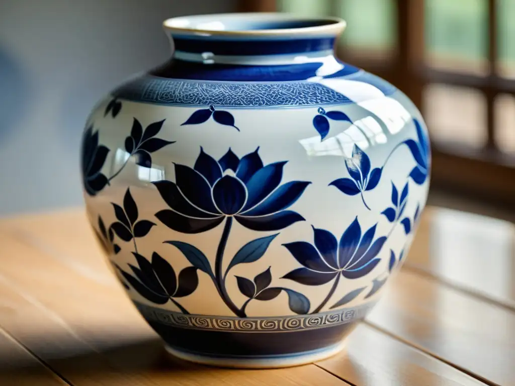 Una exquisita vasija de cerámica coreana vintage, decorada con diseños pintados a mano en azul y blanco