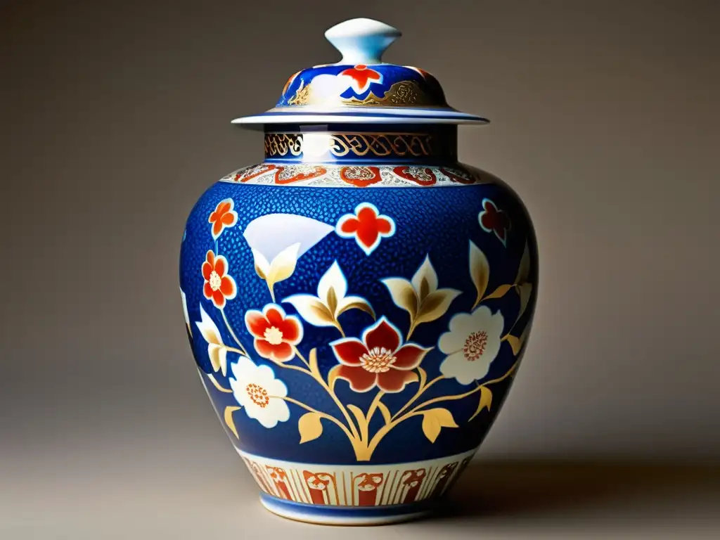 Una exquisita vasija de porcelana china pintada con patrones tradicionales en rojo, azul y dorado, reflejando el arte chino patrones tradicionales