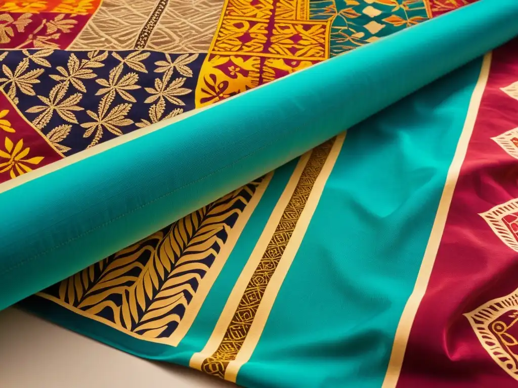 Textil batik vibrante: colores y patrones hipnóticos Una exquisita tela batik con vibrantes patrones y colores, evocando riqueza cultural y artística en el mercado de arte