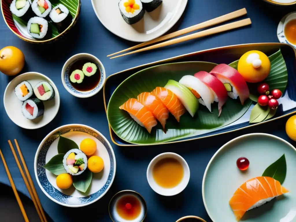 Un exquisito arreglo de mesa para la celebración tradicional japonesa de Año Nuevo, con sushi, sashimi, frutas y patrones de presentación de alimentos