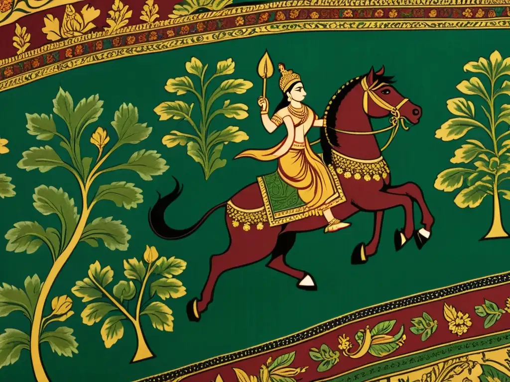 Un exquisito arte textil Kalamkari India muestra escenas mitológicas en vibrantes colores y finos detalles pintados a mano