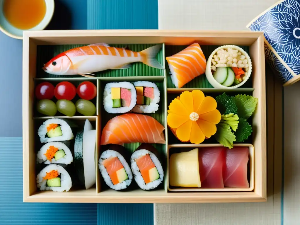 Un exquisito bento japonés con sushi, sashimi y verduras en un hermoso recipiente sobre un fondo de tela japonesa