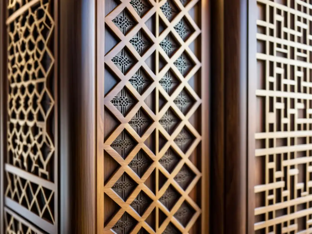 Un exquisito biombo de madera con patrones islámicos en un interior exclusivo y vintage, iluminado de manera sugerente