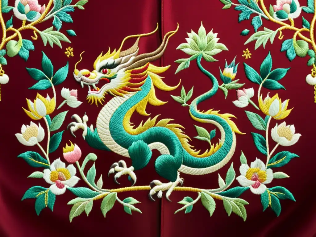 Exquisito bordado chino de seda en rojo, con dragones, fénix y peonías
