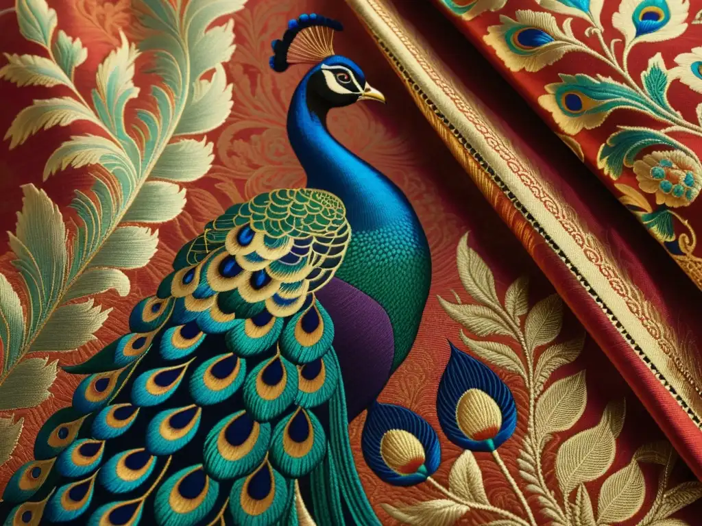 Exquisito brocado Tanchoi con motivos florales y de pavo real en colores vibrantes, reflejando la historia del brocado Tanchoi y su elegancia cultural