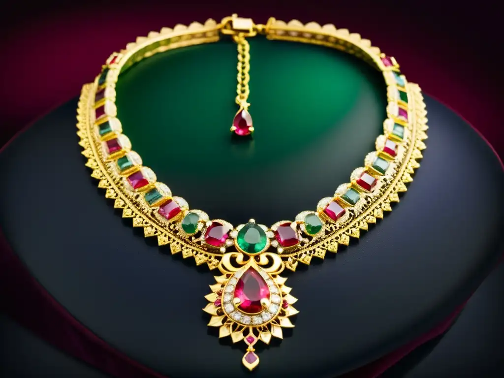 Un exquisito collar vintage de oro con gemas coloridas sobre terciopelo oscuro, resaltando la artesanía y elegancia