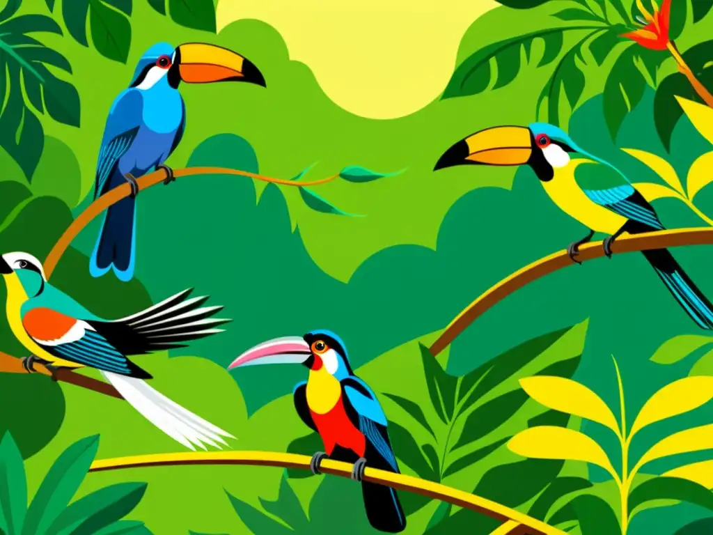 Un exquisito dibujo vintage de aves tropicales en un exuberante bosque lluvioso