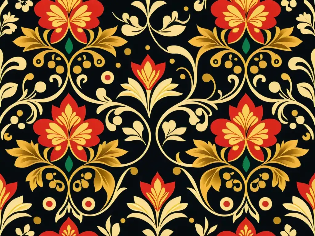 Un exquisito diseño inspirado en patrones rusos de Khokhloma, con vibrantes colores y delicados detalles florales en rojo, oro y negro