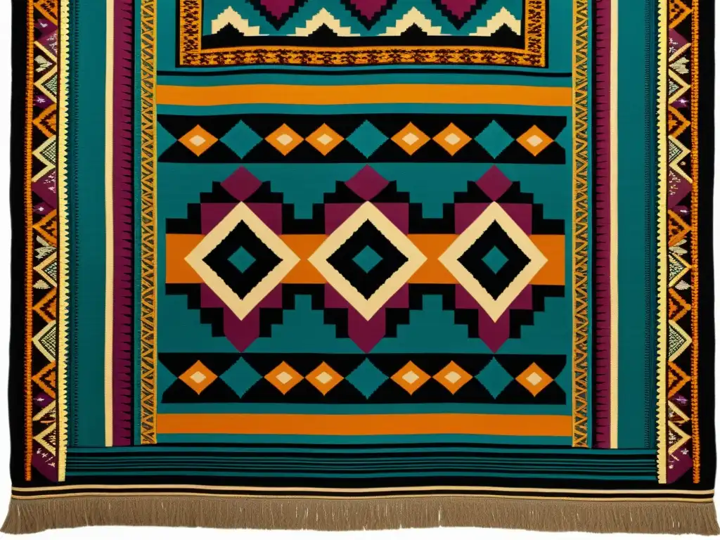 Un exquisito diseño textil vintage con colores vibrantes y detalladas formas geométricas, evocando tradicionales diseños culturales