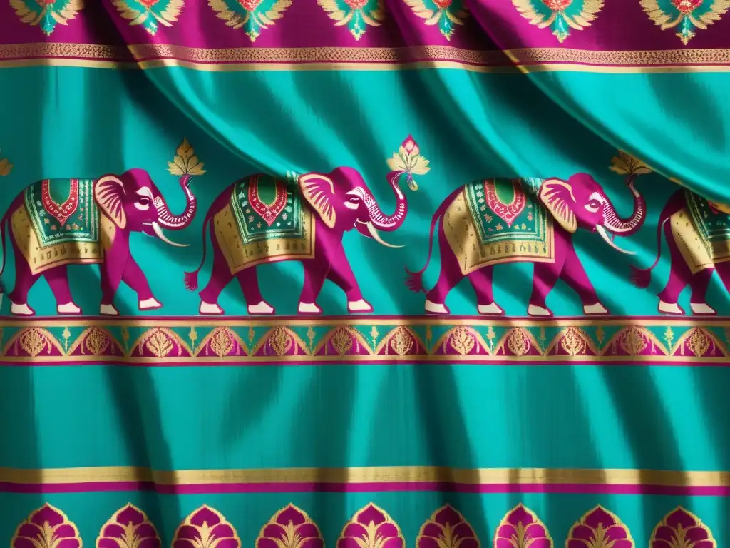 Exquisito ikat de seda con motivos tradicionales de la India en vibrantes tonos de magenta, turquesa y oro, reflejando lujo y elegancia