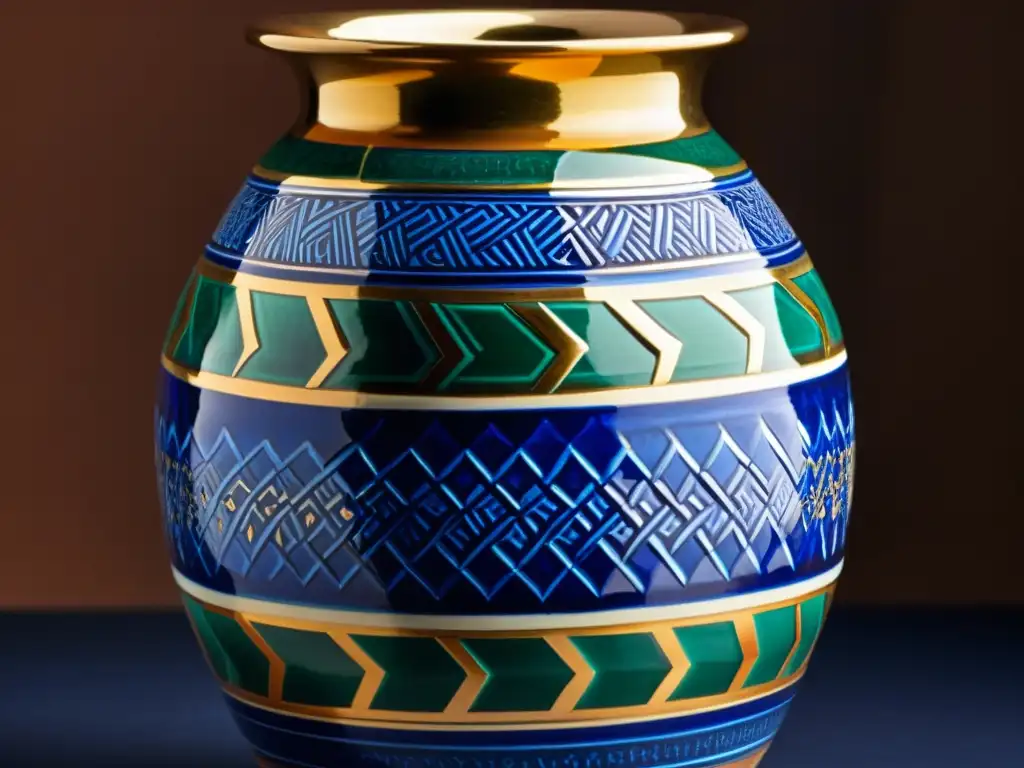 Un exquisito jarrón de cerámica islámica con patrones geométricos en azul, verde y terracota, realzado por detalles dorados