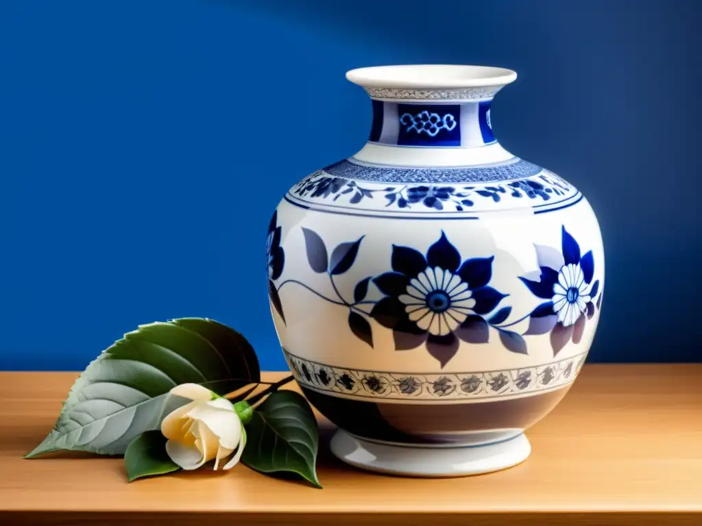 Un exquisito jarrón de porcelana azul y blanca, con patrones florales pintados a mano