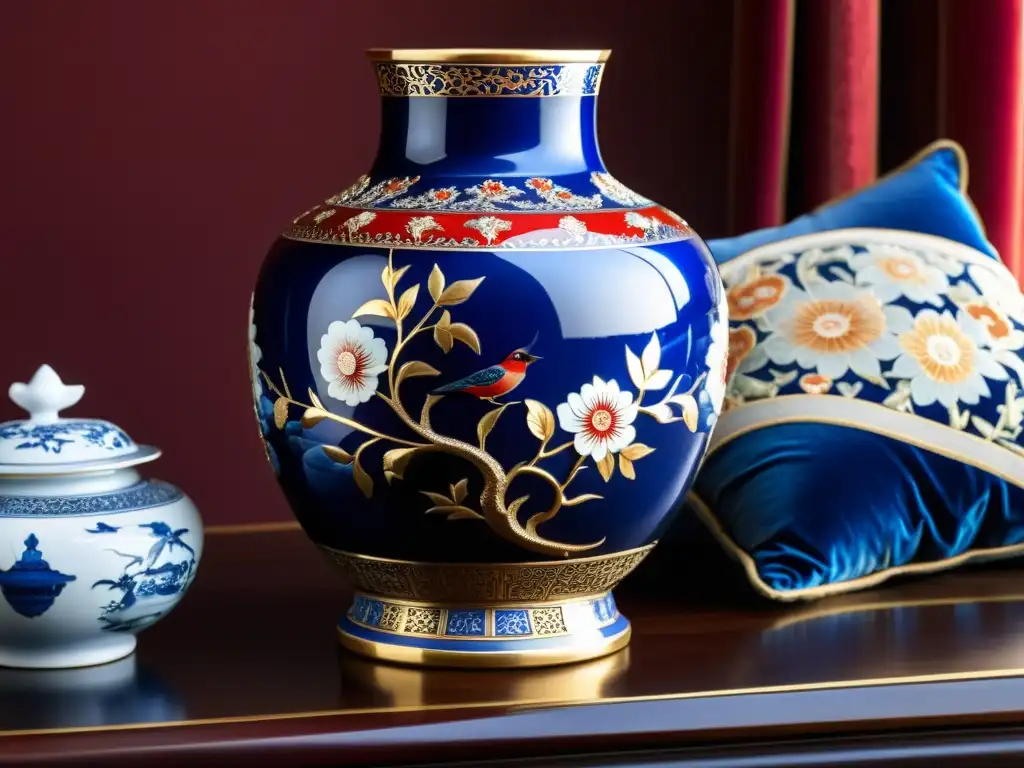 Un exquisito jarrón de porcelana china vintage, con influencia de patrones asiáticos en rojo y azul, sobre una lujosa decoración premium